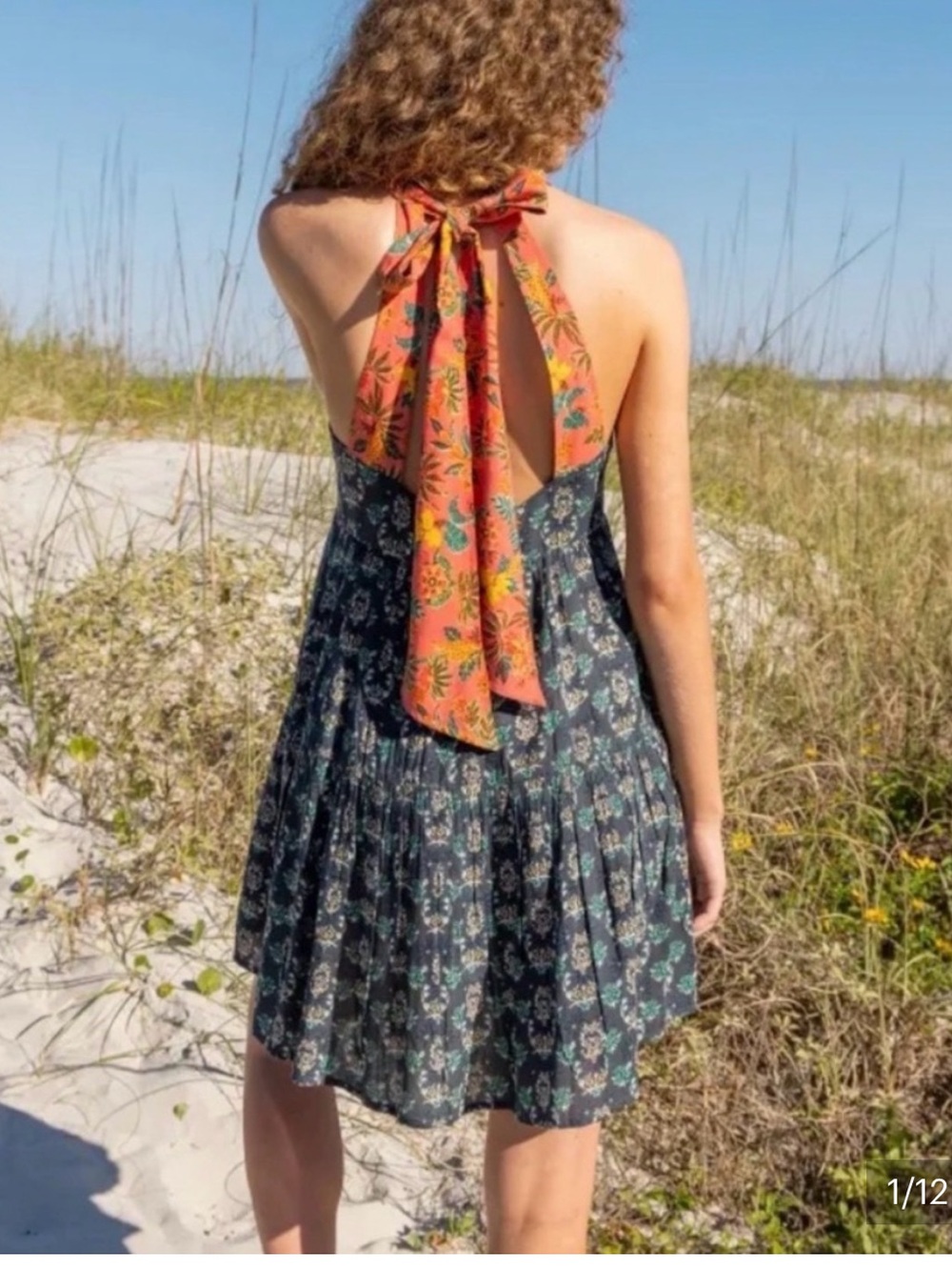 NATURAL LIFE Halle Halter Dress Teal Floral with Pink Trim Tie Back Open Back